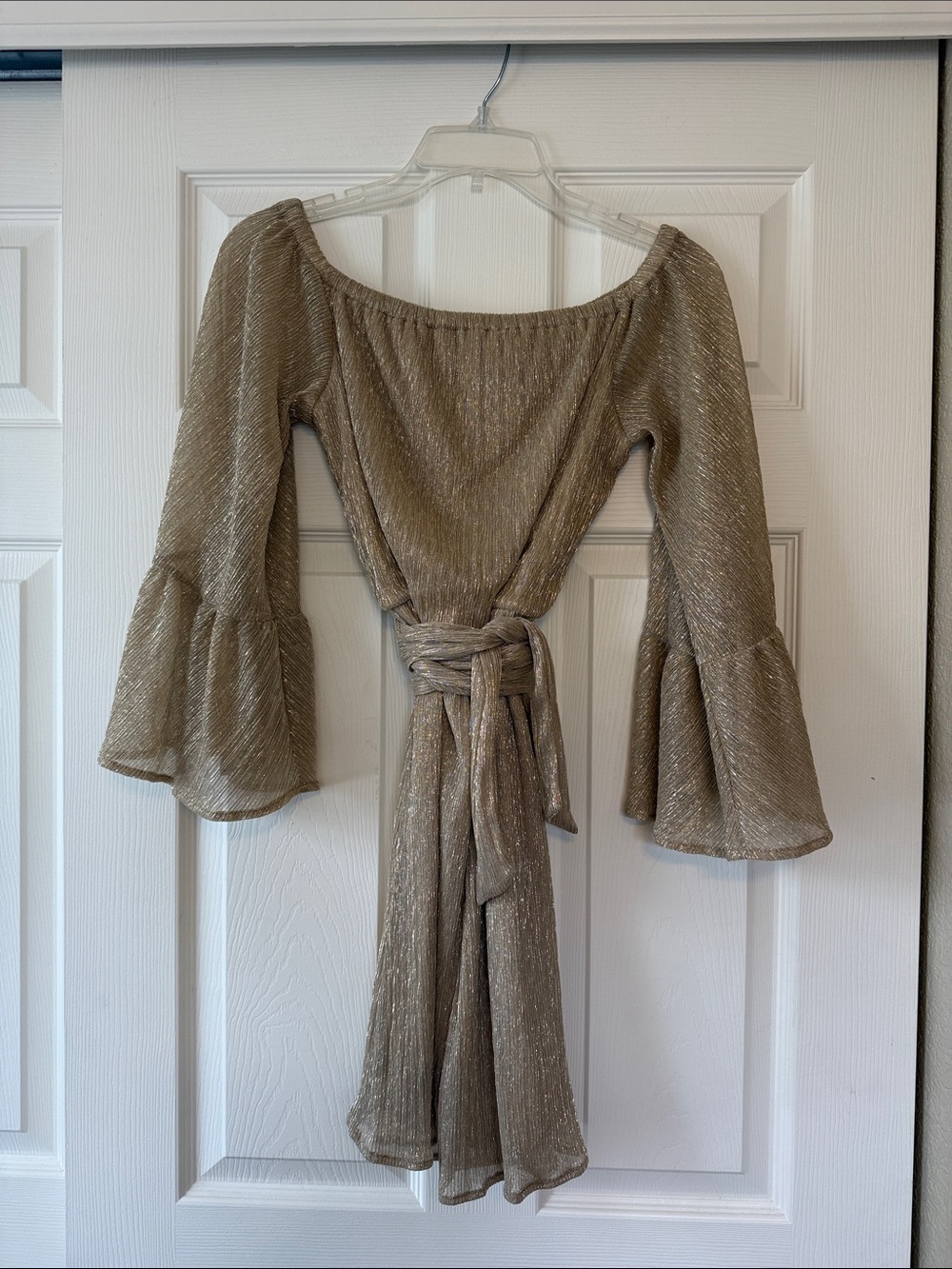 Off-Shoulder Metallic Gold Dress with Bell Sleeves